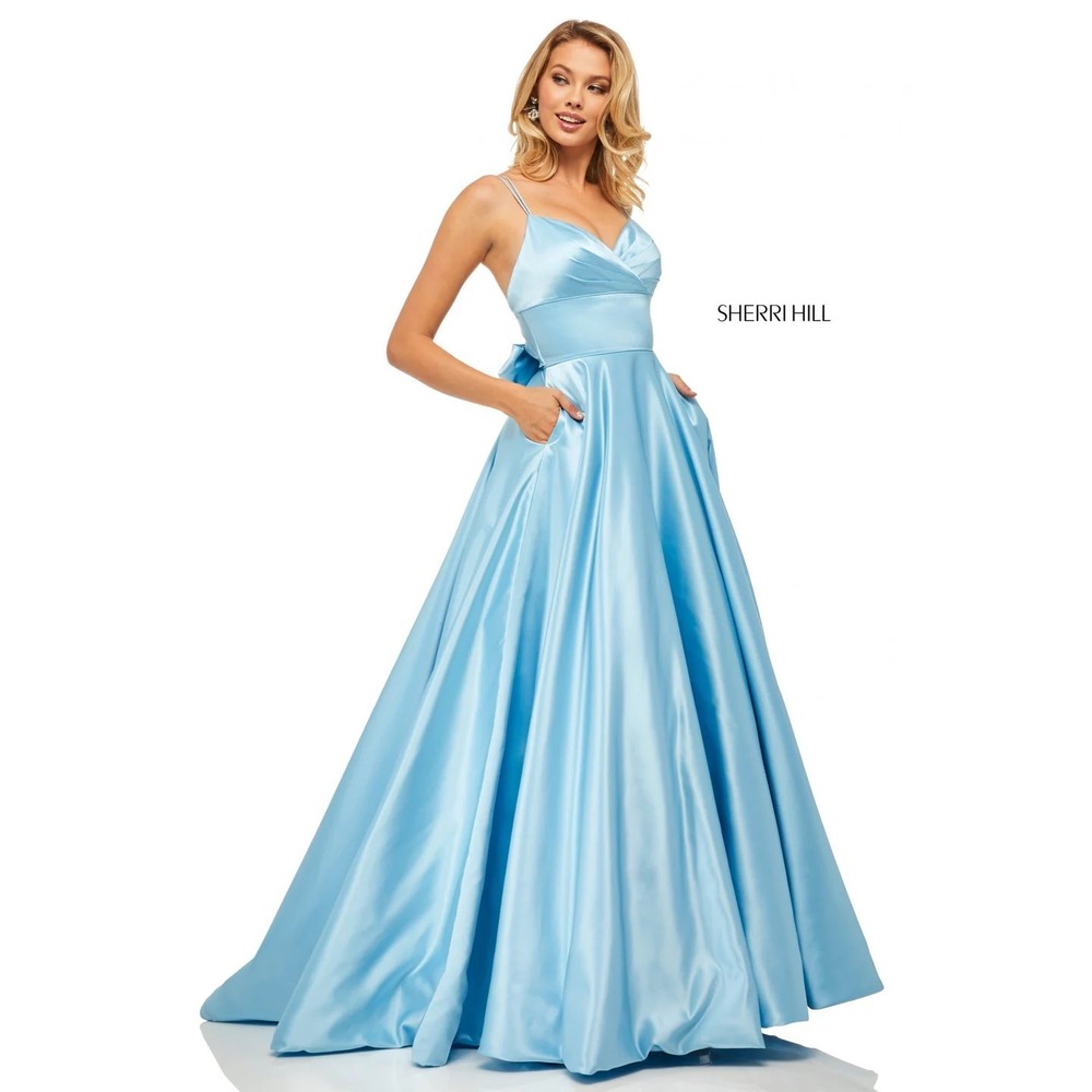 Sherri Hill 52926 Light Blue Satin A-Line Gown Size 10 NWT